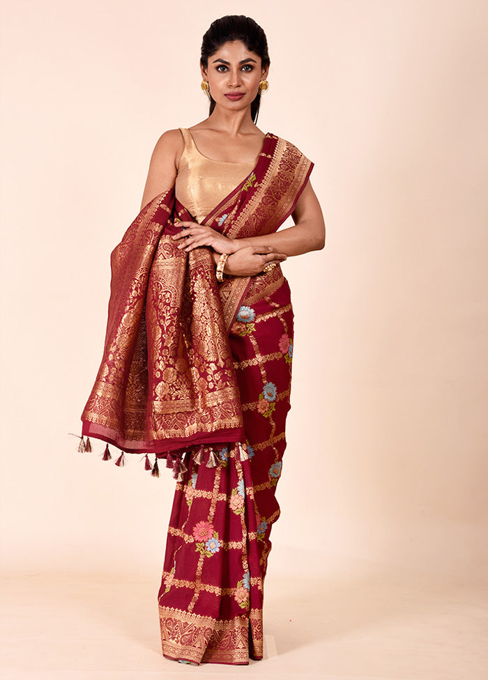 Maroon Georgette Saree With Blouse Piece