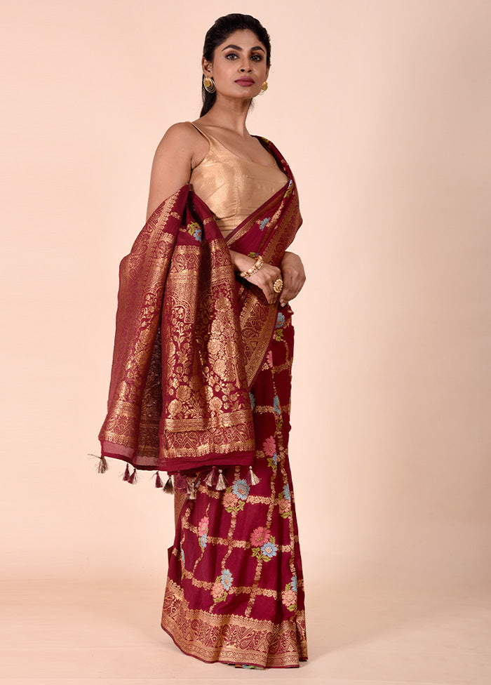 Maroon Georgette Saree With Blouse Piece