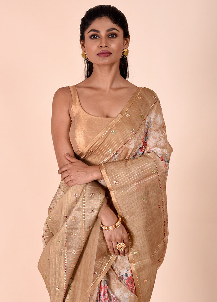 Beige Tussar Silk Saree With Blouse Piece