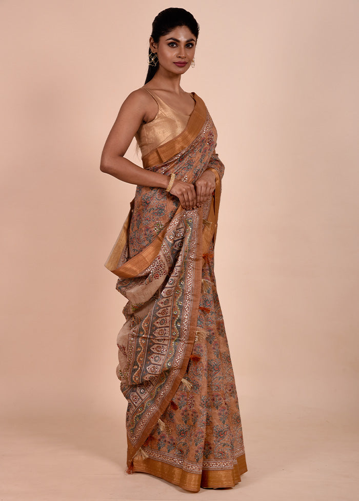 Rust Tussar Silk Saree With Blouse Piece