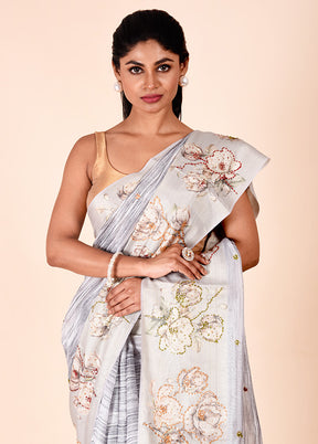 Blue Tussar Silk Saree With Blouse Piece