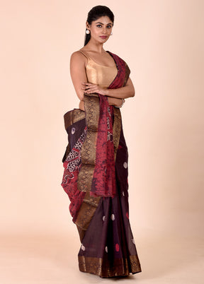 Wine Chanderi Cotton Saree With Blouse Piece