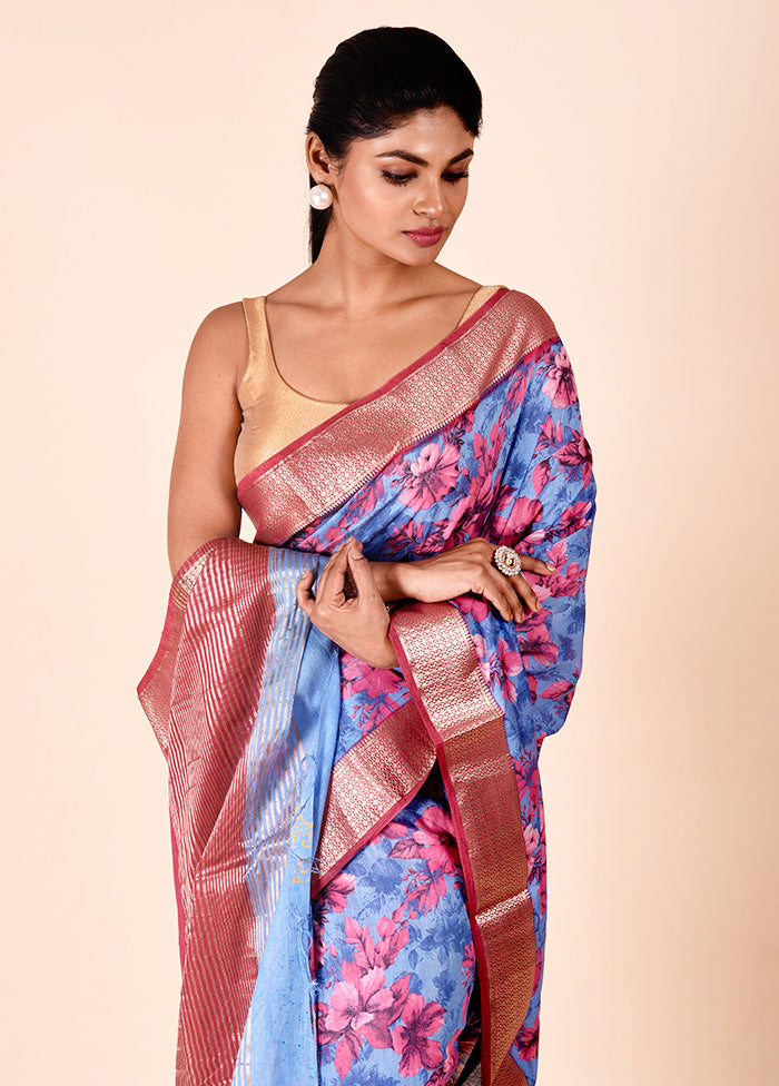 Blue Chanderi Cotton Saree With Blouse Piece