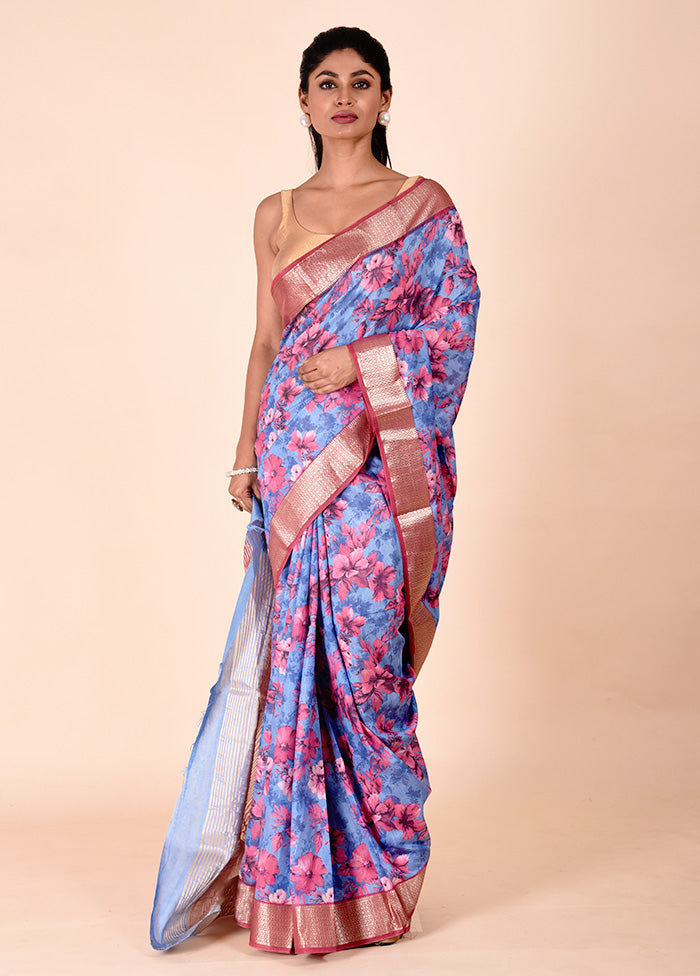 Blue Chanderi Cotton Saree With Blouse Piece