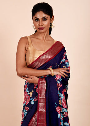 Blue Chanderi Cotton Saree With Blouse Piece