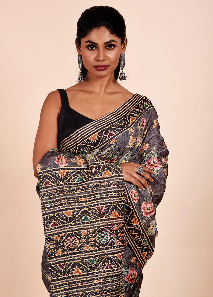 Grey Chanderi Cotton Saree With Blouse Piece