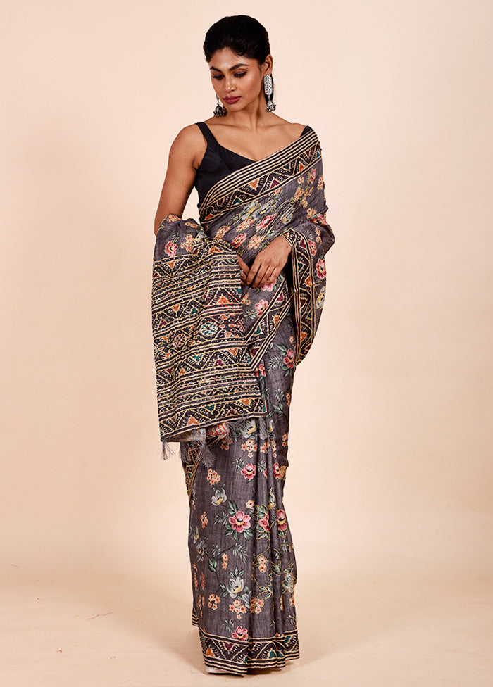 Grey Chanderi Cotton Saree With Blouse Piece