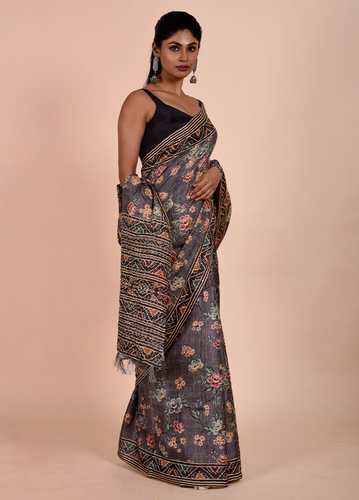 Grey Chanderi Cotton Saree With Blouse Piece