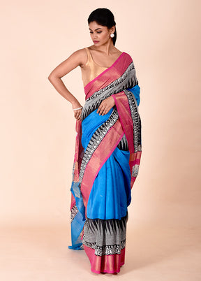 Blue Chanderi Cotton Saree With Blouse Piece