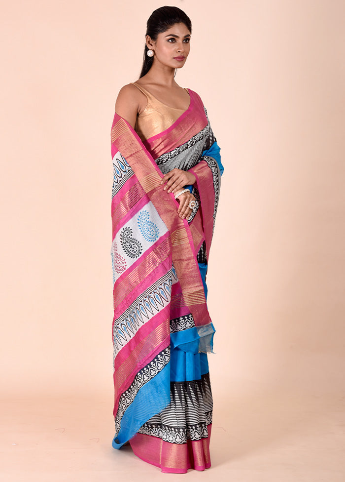 Blue Chanderi Cotton Saree With Blouse Piece