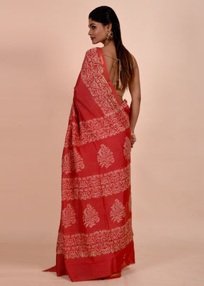 Red Chanderi Cotton Saree With Blouse Piece