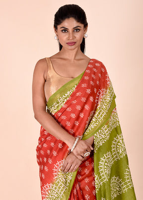 Orange Chanderi Cotton Saree With Blouse Piece