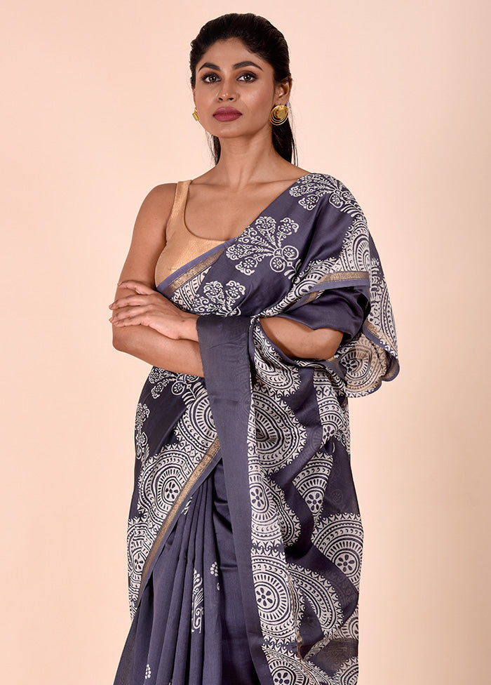 Grey Chanderi Cotton Saree With Blouse Piece