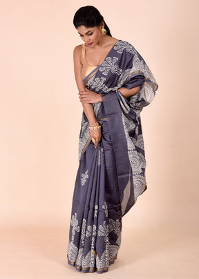 Grey Chanderi Cotton Saree With Blouse Piece