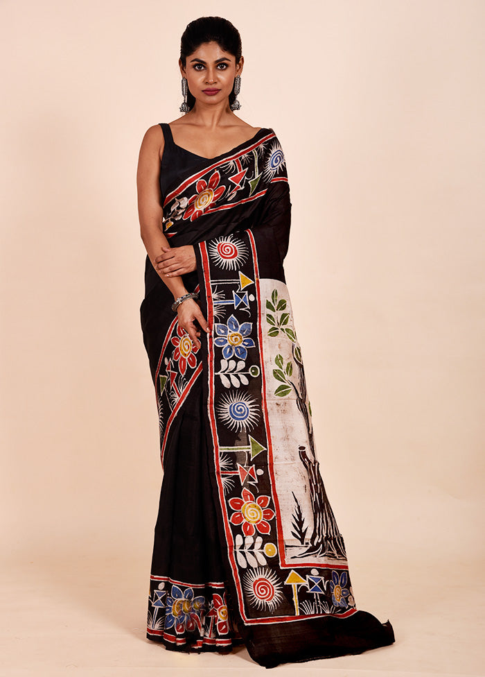 Black Printed Pure Silk Saree Without Blouse Piece