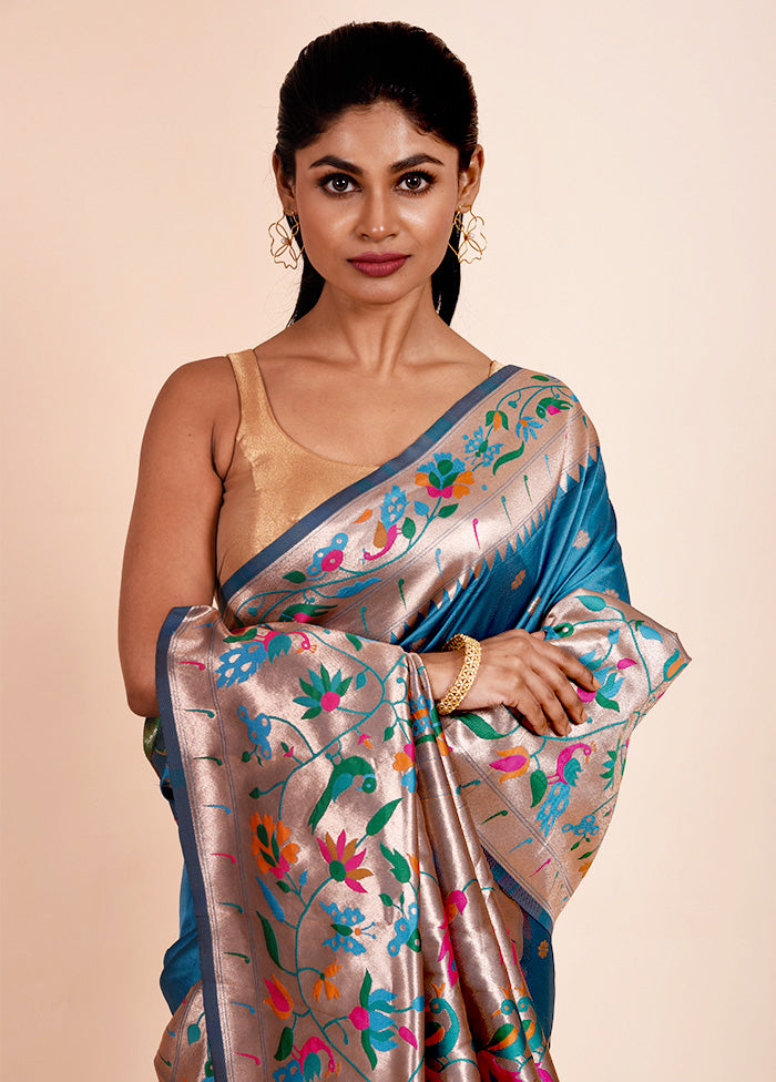 Blue Dupion Silk Saree With Blouse Piece