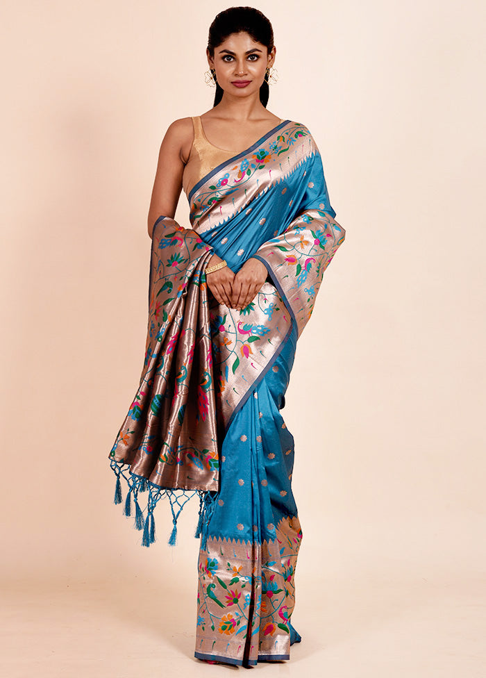 Blue Dupion Silk Saree With Blouse Piece