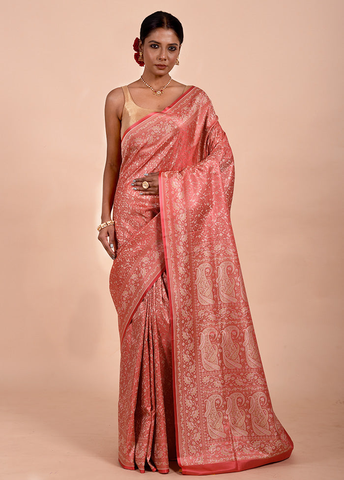 Peach Jamewar Silk Saree With Blouse Piece