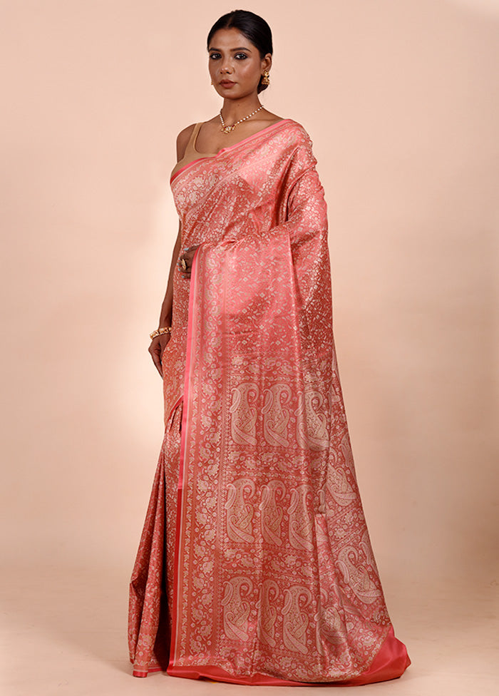 Peach Jamewar Silk Saree With Blouse Piece