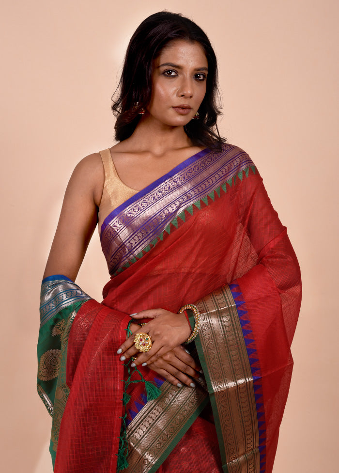 Red Kota Cotton Saree With Blouse Piece