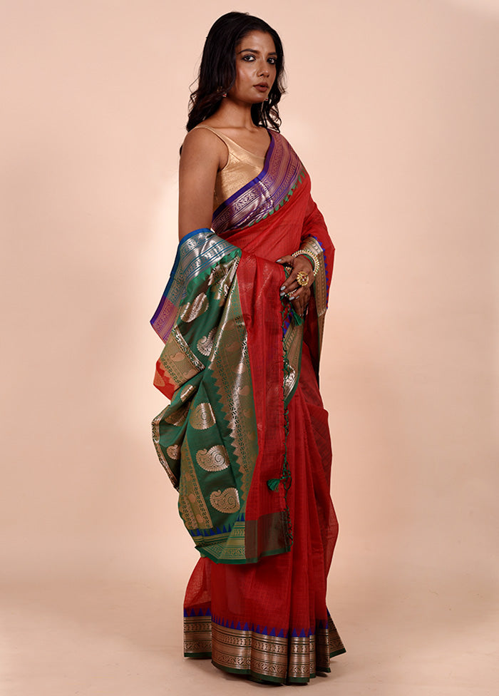 Red Kota Cotton Saree With Blouse Piece