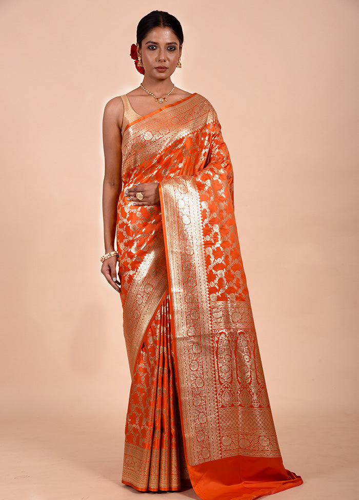 Orange Banarasi Silk Saree With Blouse Piece