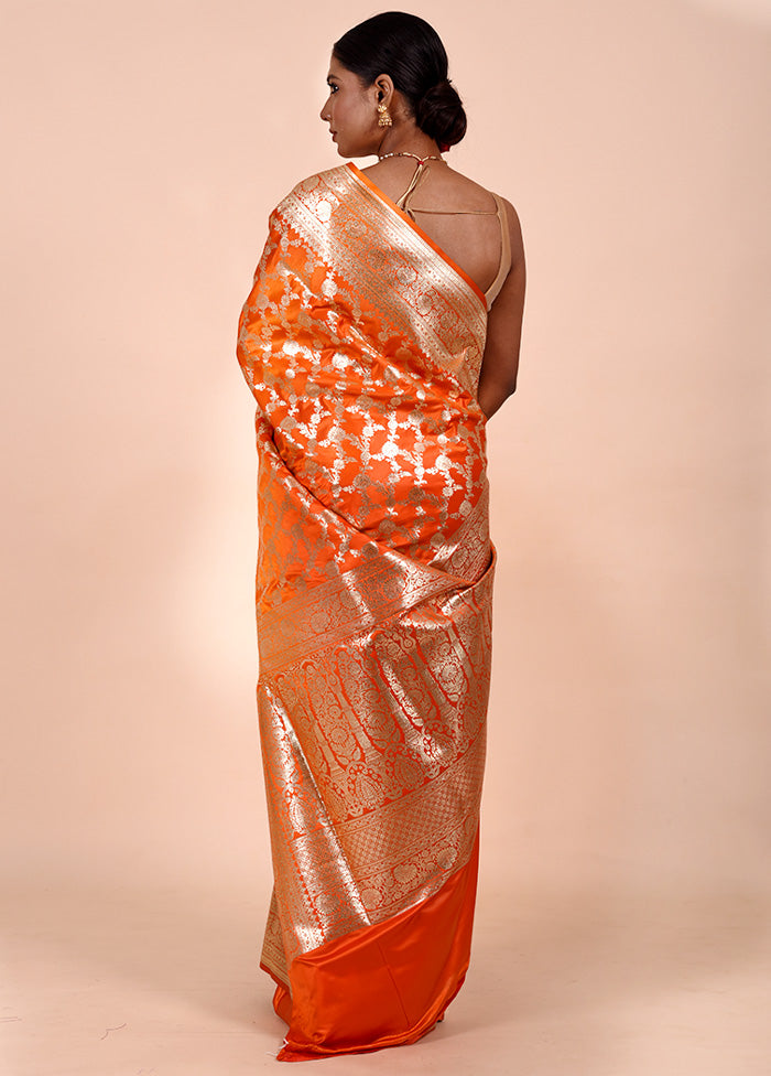 Orange Banarasi Silk Saree With Blouse Piece