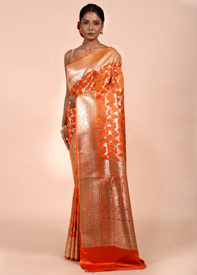 Orange Banarasi Silk Saree With Blouse Piece