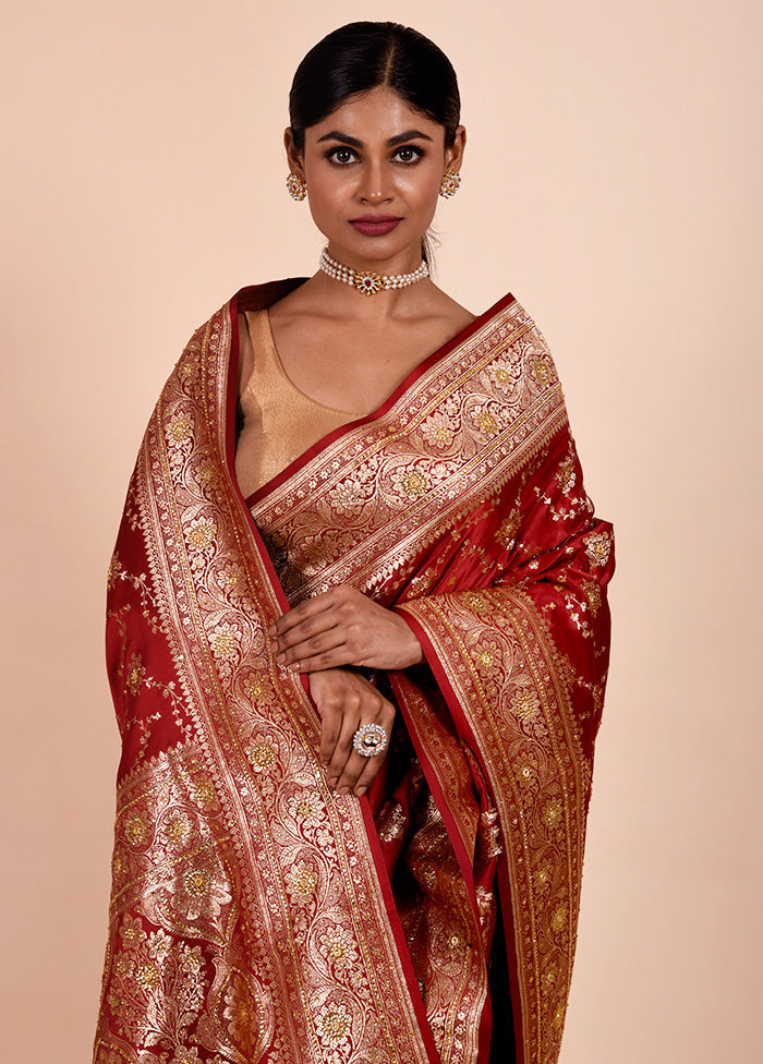 Maroon Banarasi Silk Saree With Blouse Piece