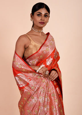 Red Banarasi Silk Saree With Blouse Piece