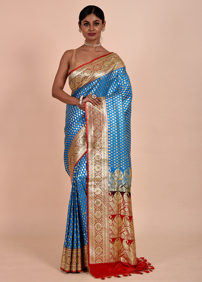 Blue Banarasi Silk Saree With Blouse Piece