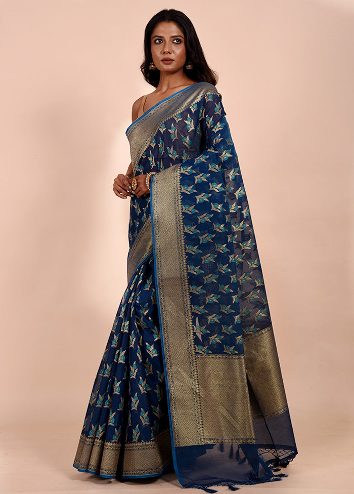 Blue Kora Silk Saree With Blouse Piece