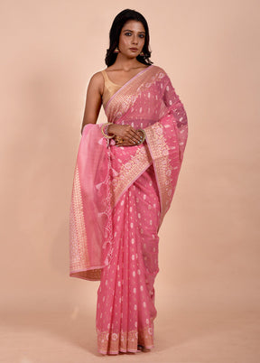 Pink Kora Silk Saree With Blouse Piece