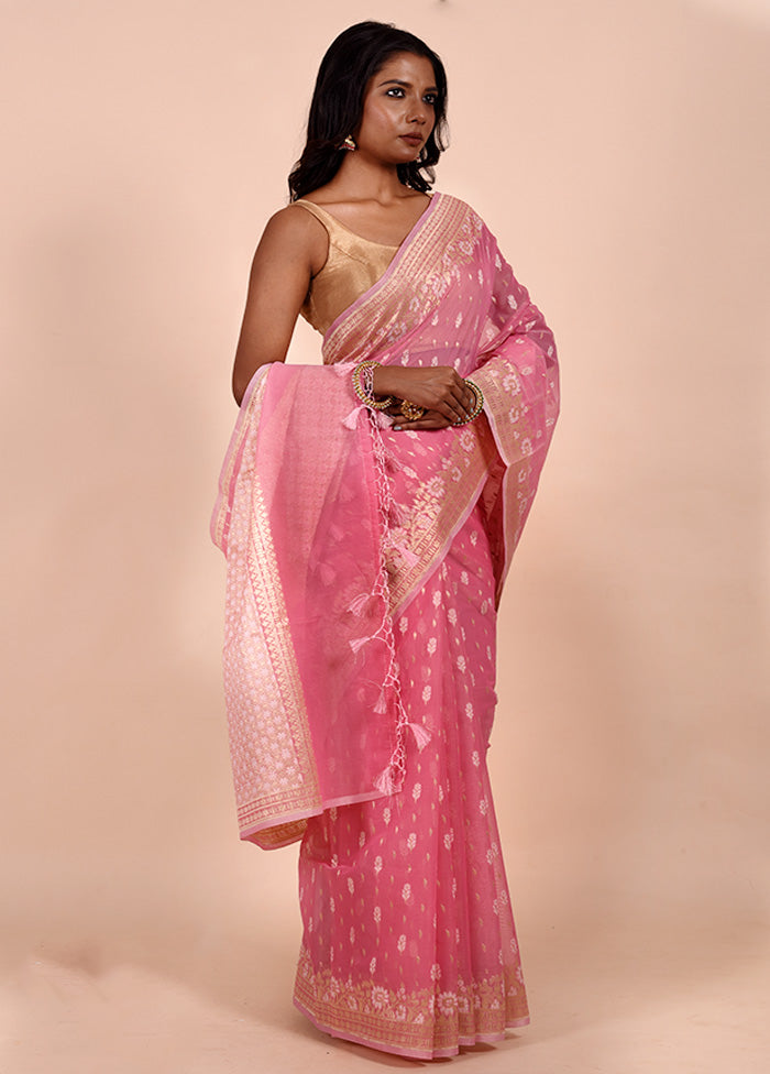 Pink Kora Silk Saree With Blouse Piece