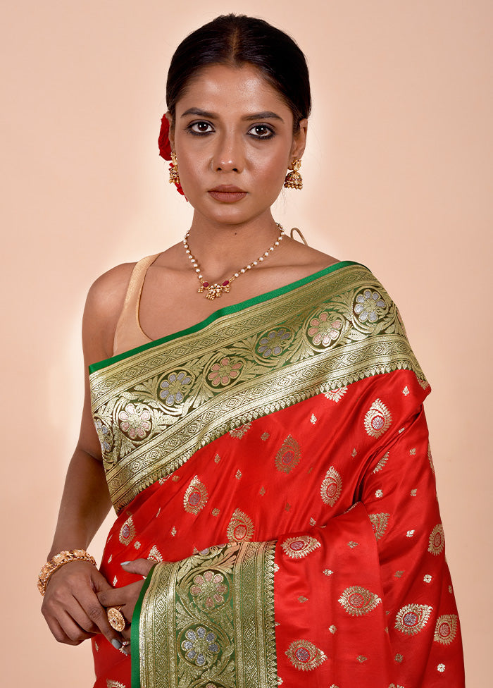 Red Banarasi Silk Saree With Blouse Piece