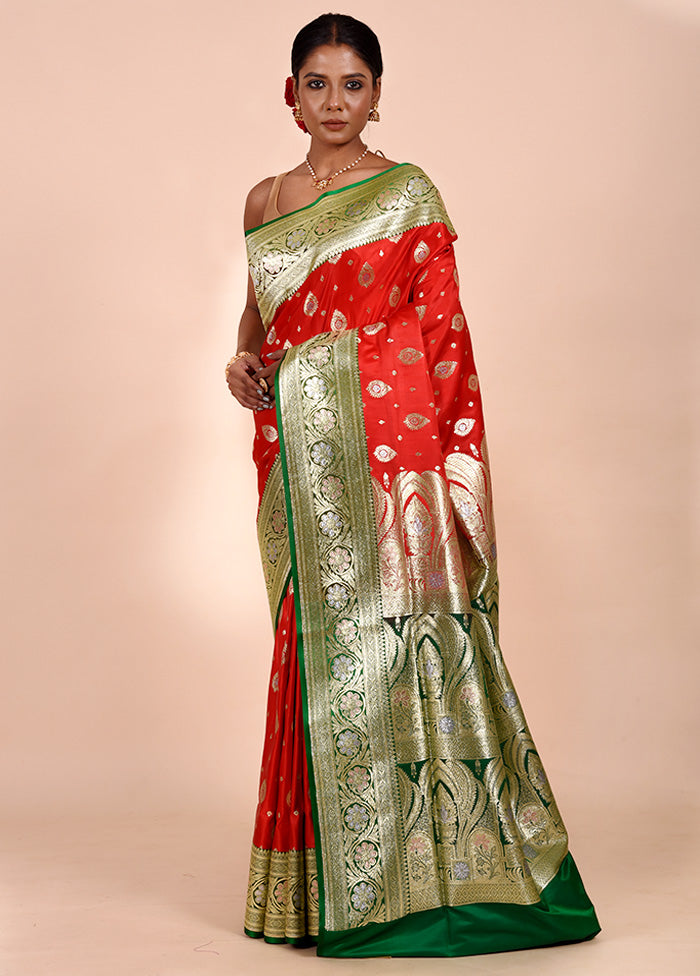 Red Banarasi Silk Saree With Blouse Piece