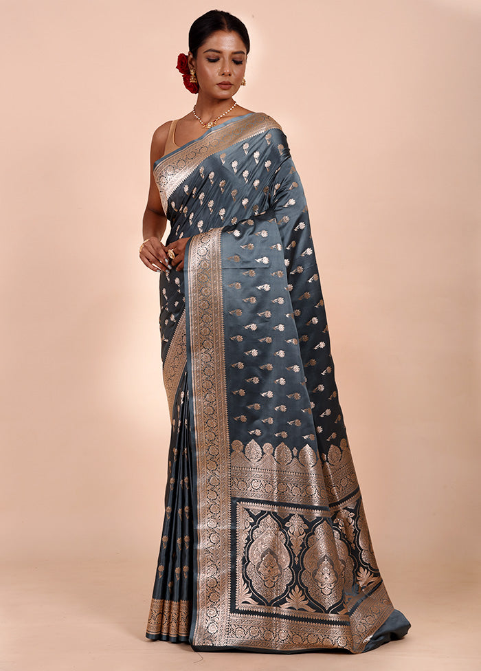 Grey Banarasi Silk Saree With Blouse Piece