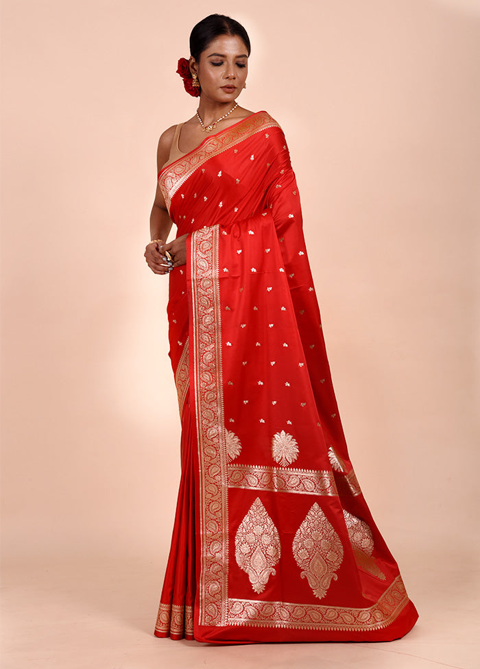 Red Banarasi Silk Saree With Blouse Piece