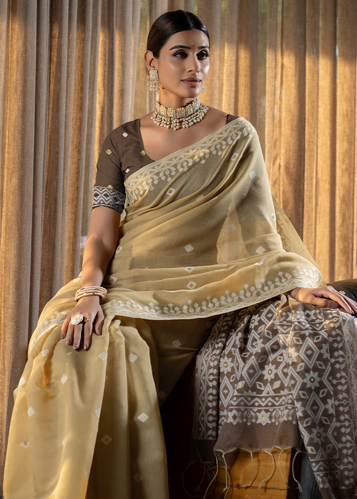 Beige Pure Cotton Saree With Blouse Piece - Indian Silk House Agencies