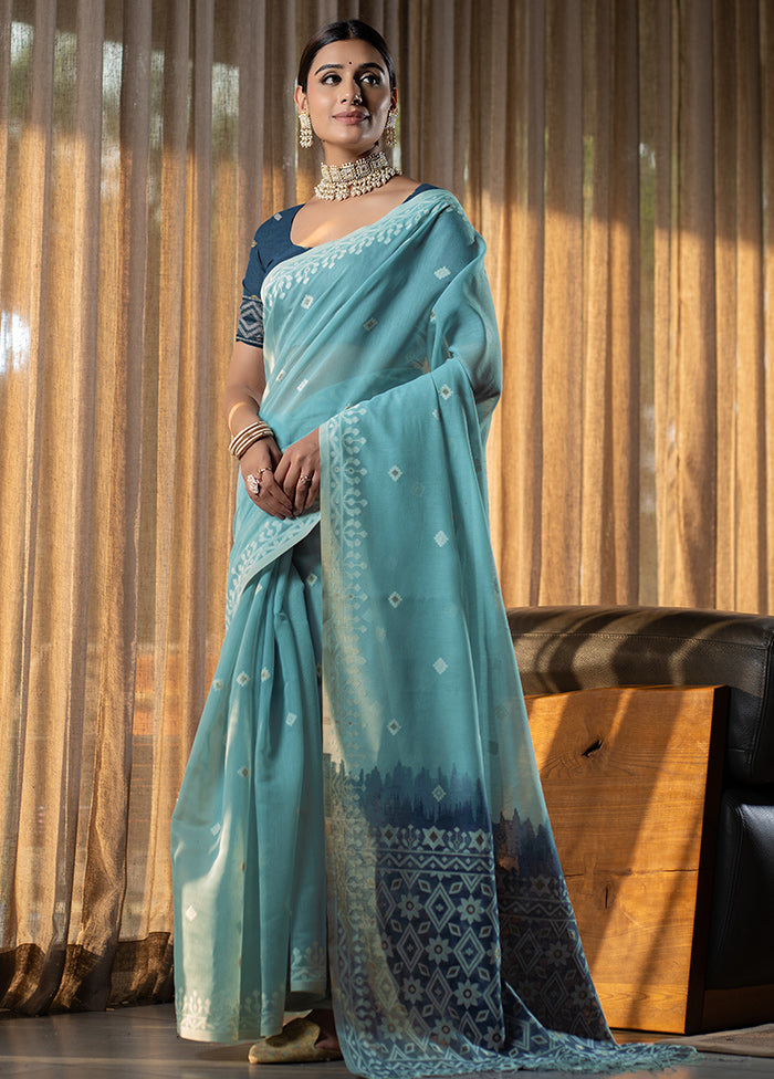 Blue Pure Cotton Saree With Blouse Piece