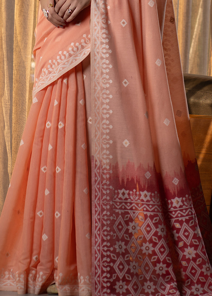 Peach Pure Cotton Saree With Blouse Piece