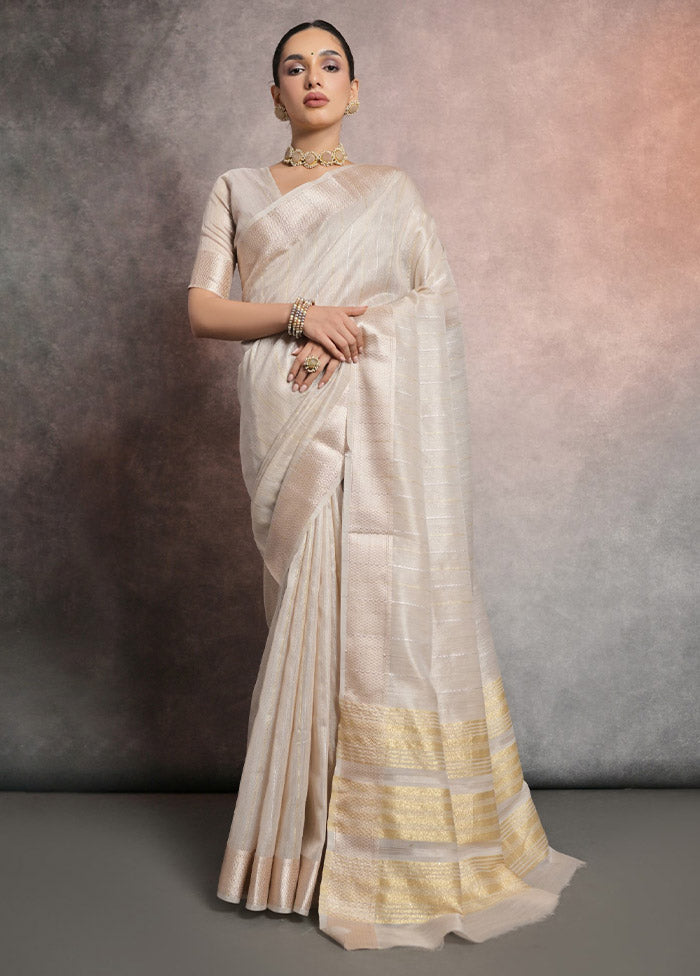 Cream Linen Silk Saree With Blouse Piece