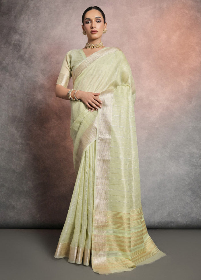 Pista Green Linen Silk Saree With Blouse Piece