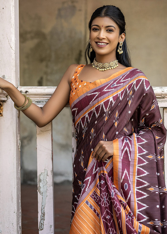 Coffee Cotton Saree With Blouse Piece