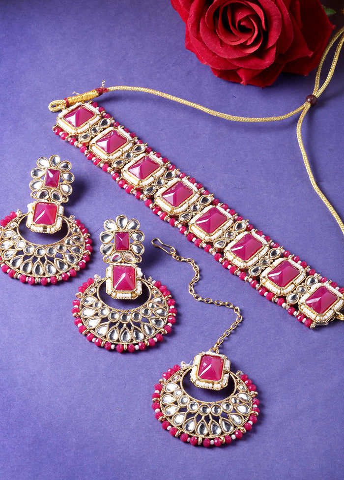 Pink Alloy Glossy Jewellery Set