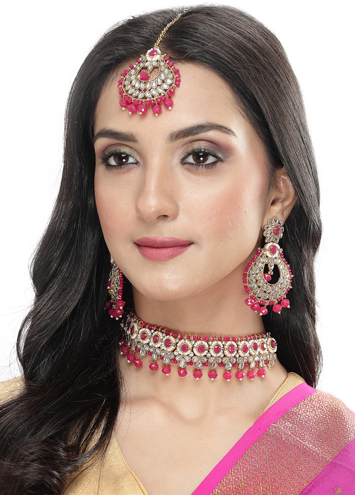 Pink Alloy Glossy Jewellery Set