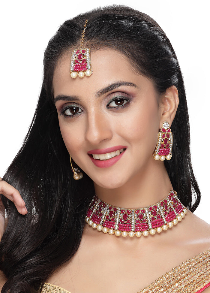 Pink Alloy Glossy Jewellery Set