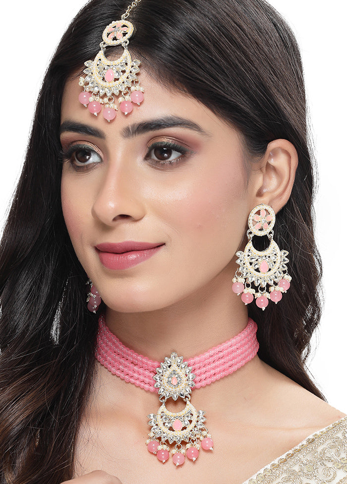 Pink Alloy Glossy Jewellery Set