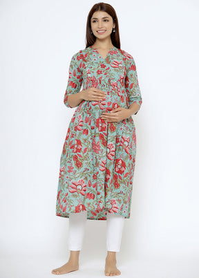 Turquoise Pure Readymade Cotton Maternity Kurti - Indian Silk House Agencies