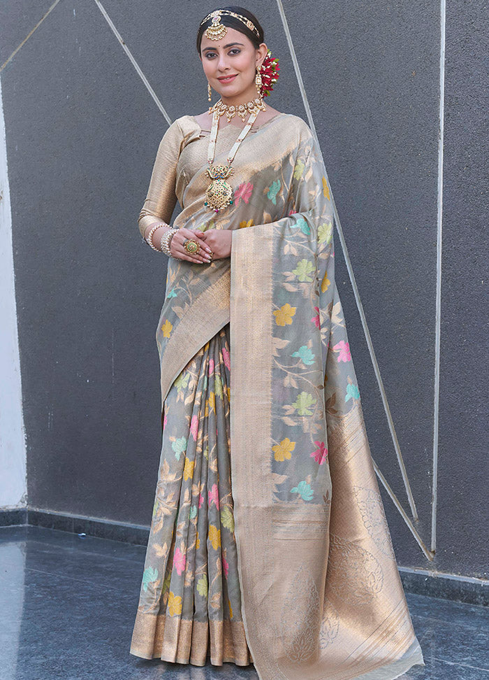 Grey Organza Saree With Blouse Piece - Indian Silk House Agencies